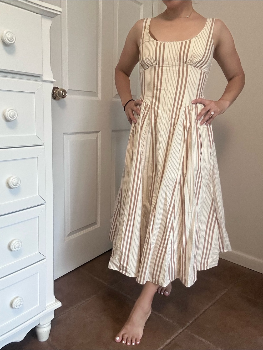 Abercrombie & Fitch Cream Dress with Tan Stripe Midi
